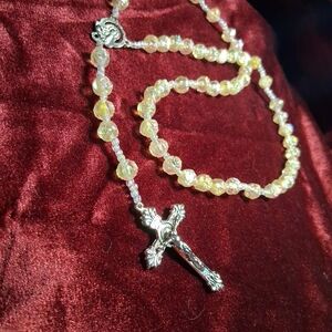 Iridescent Rose Rosary Beaded Cross Necklace
